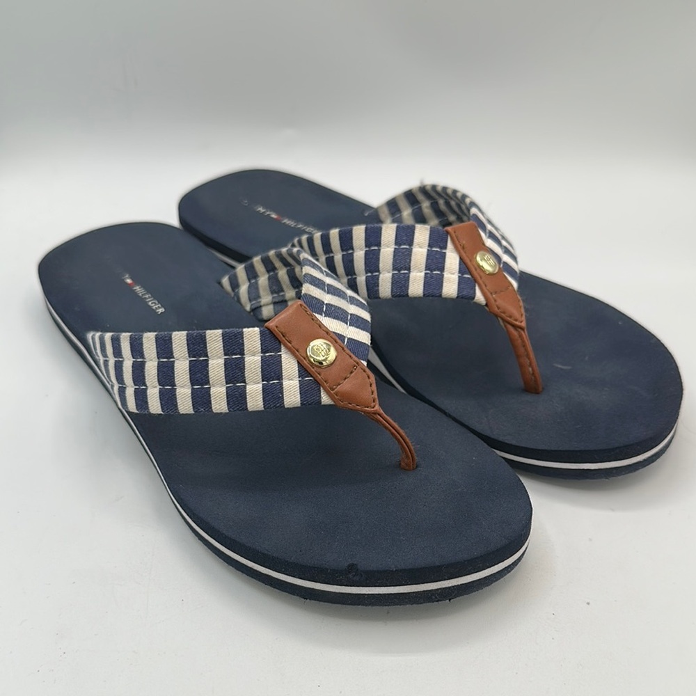 Tommy Hilfiger navy and white striped thong sandals, size 7M